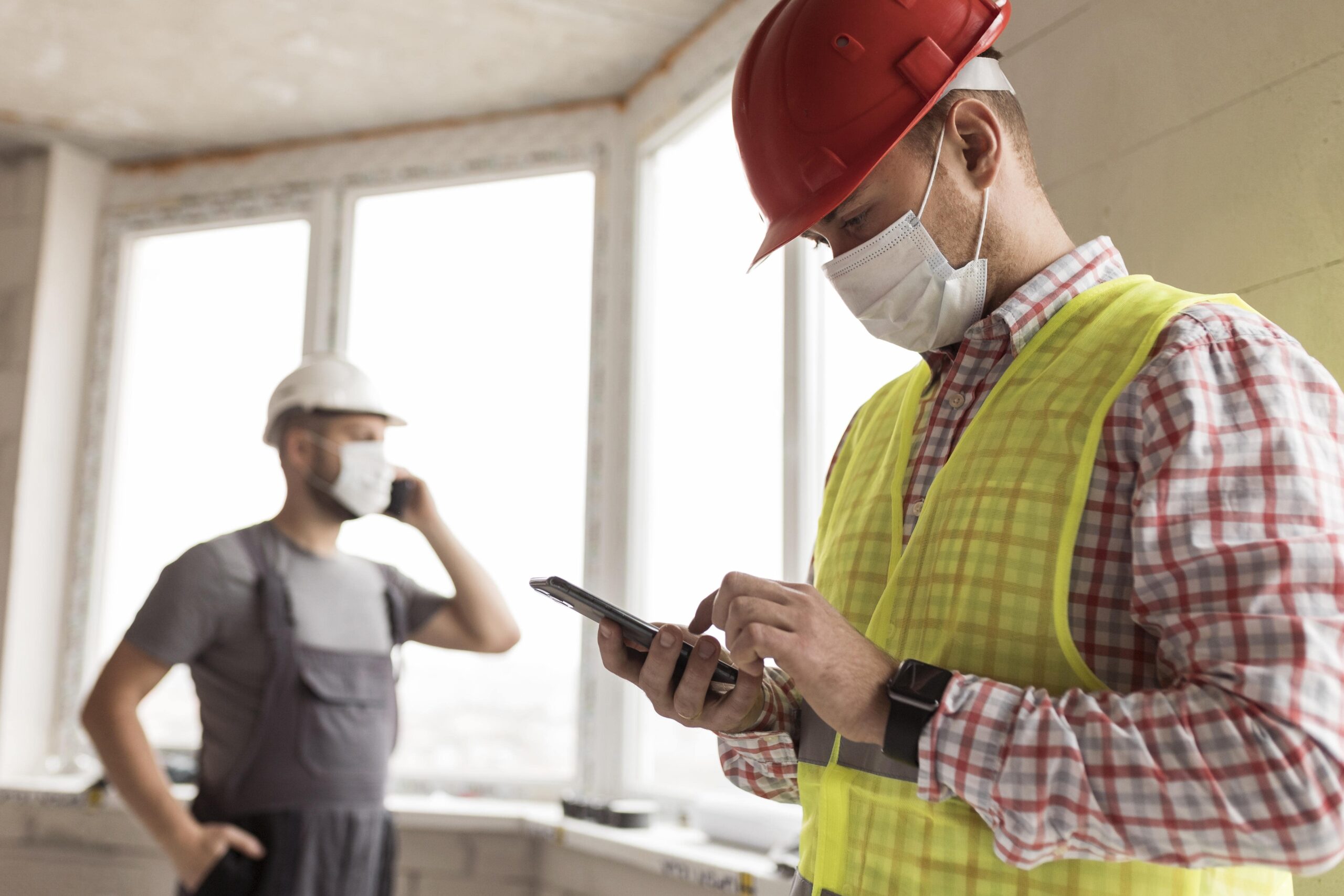 Construction workers wearing masks and hard hats using mobile devices